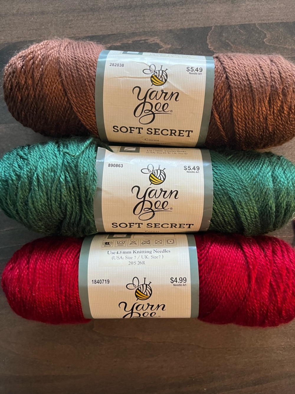 Yarn Bee Soft Secret Yarn
Color: Coco, Forest, Chili Red